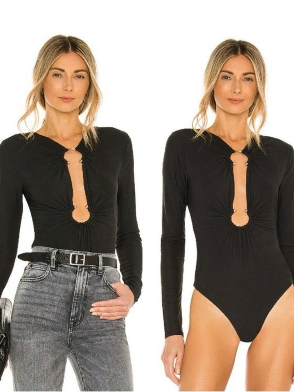 Camila Coelho Black Long-Sleeve Keyhole Ring-Detail Bodysuit